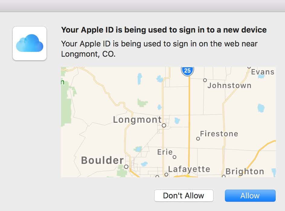Apple ID Verification Prompt for iCloud two-factor authentication