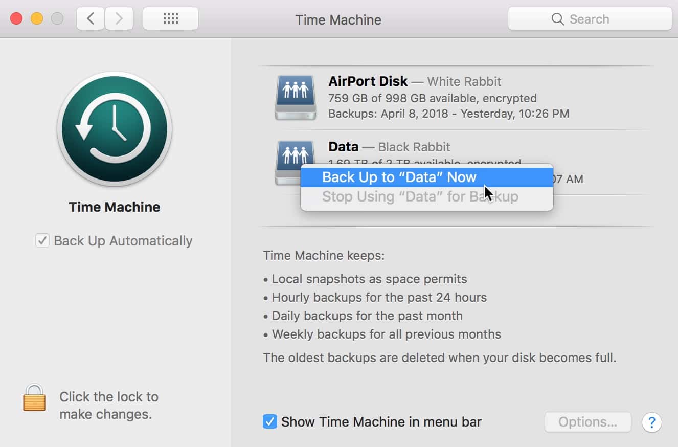 Back Up Now Menu in Time Machine preferences on the Mac forcing a backup to a specific drive