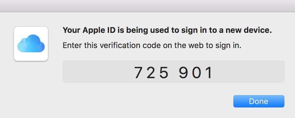 Apple ID Verification Prompt with Code for iCloud two-factor authentication