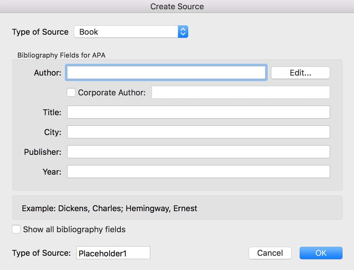"Create Source" Window for reference citation in Microsoft Word