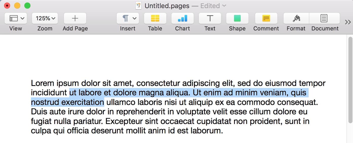 Selected Text in Pages Extended on the Mac