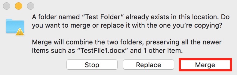 Merge Option in Mac Finder Dialog for combining two folders