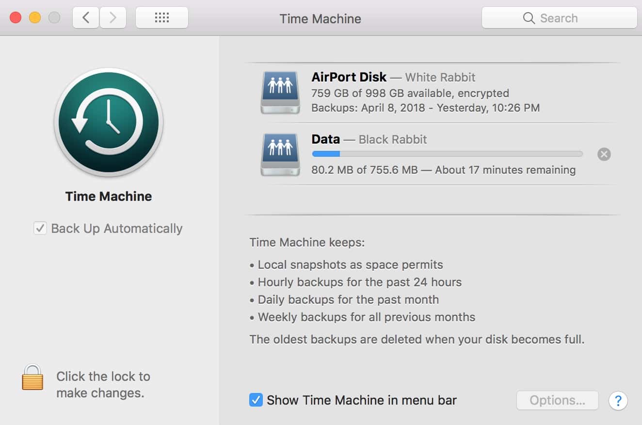 Time Machine Progress Bar showing the status of a backup in progress on the Mac