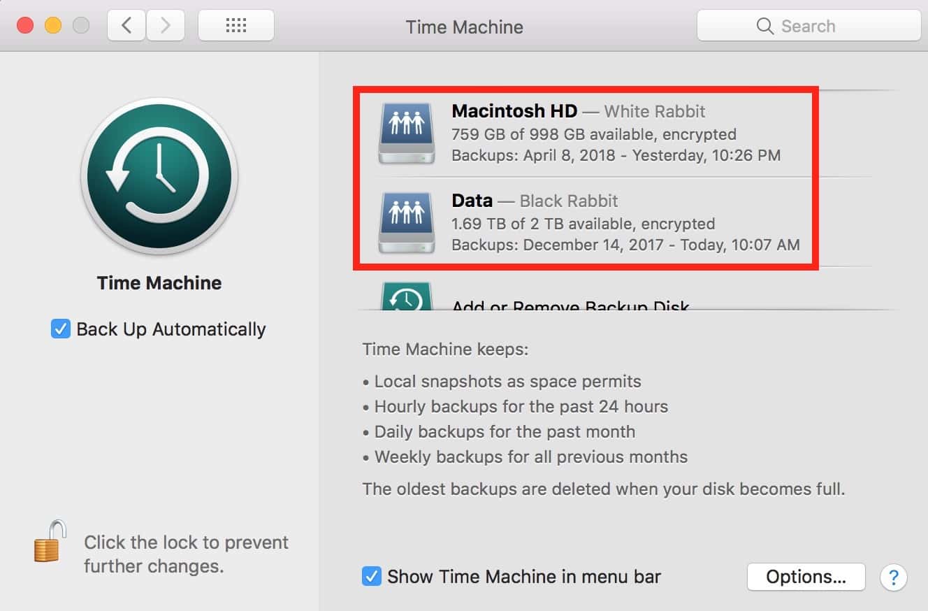 Time Machine Preferences on the Mac showing multiple backup destinations