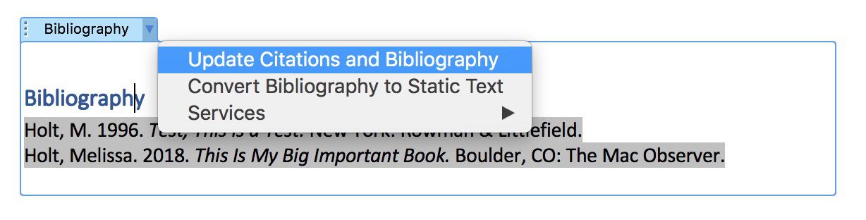 Update Bibliography Option in Microsoft Word