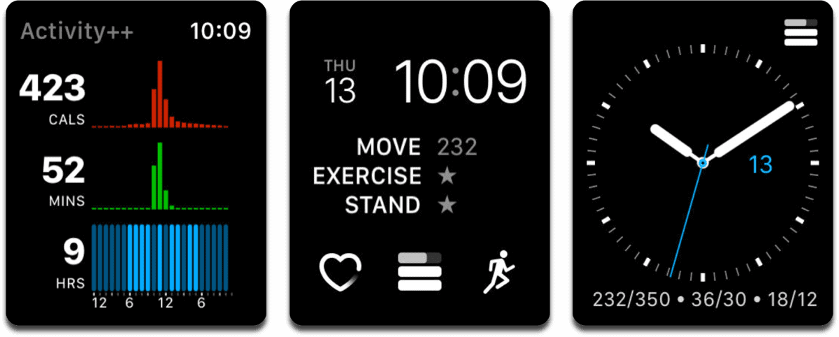 Screenshots of Activity++, which adds watchOS fitness complications.