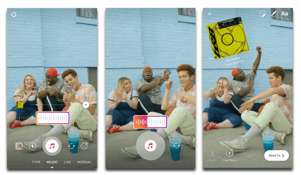 Screenshots of how to add music to Instagram Stories.