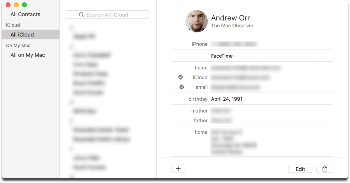 Image of Mac contact list. New App Store guidelines stop address book harvesting.