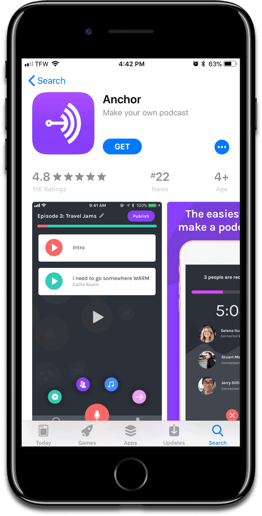 Screenshot of Anchor app, used to make podcasts.