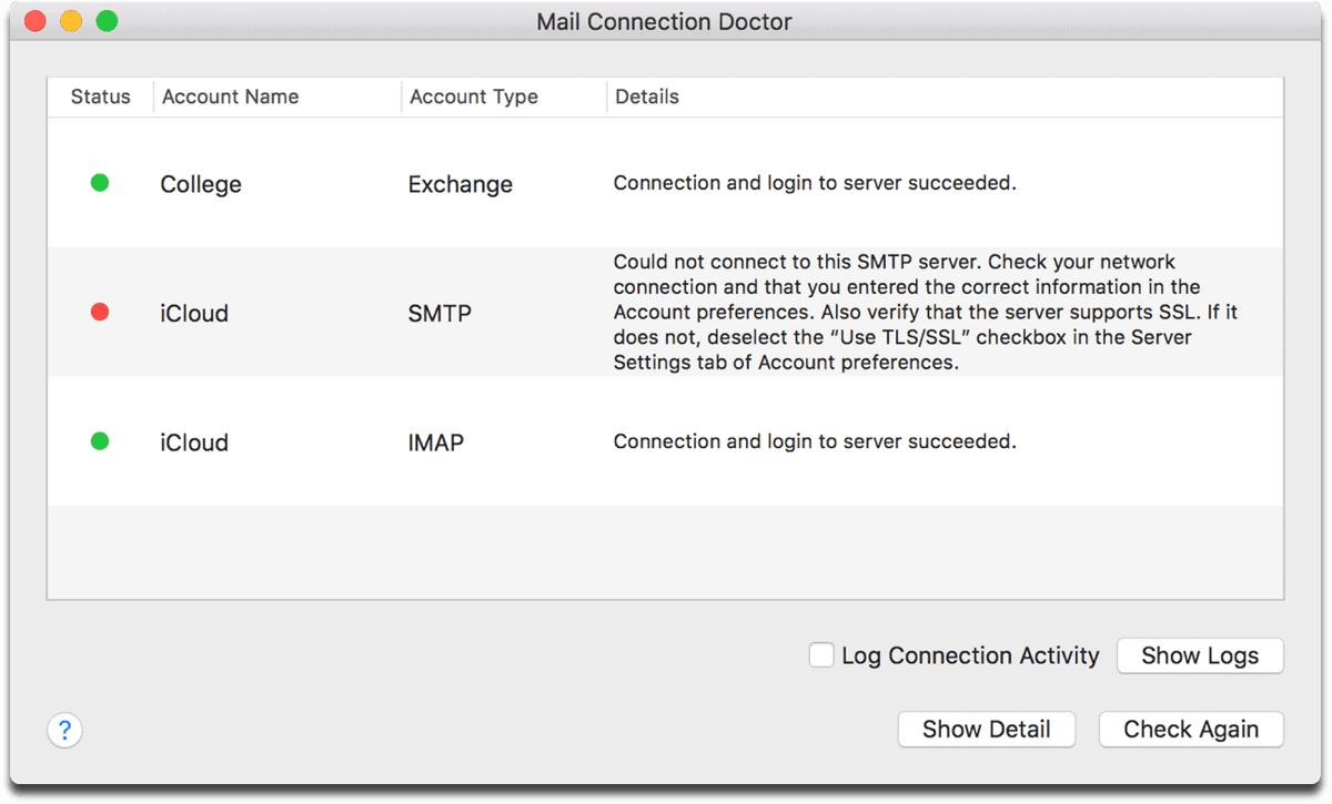 Screenshot of the Apple Mail Connection Doctor.