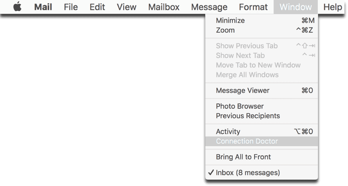 Screenshot of opening the Apple Mail Connection Doctor.