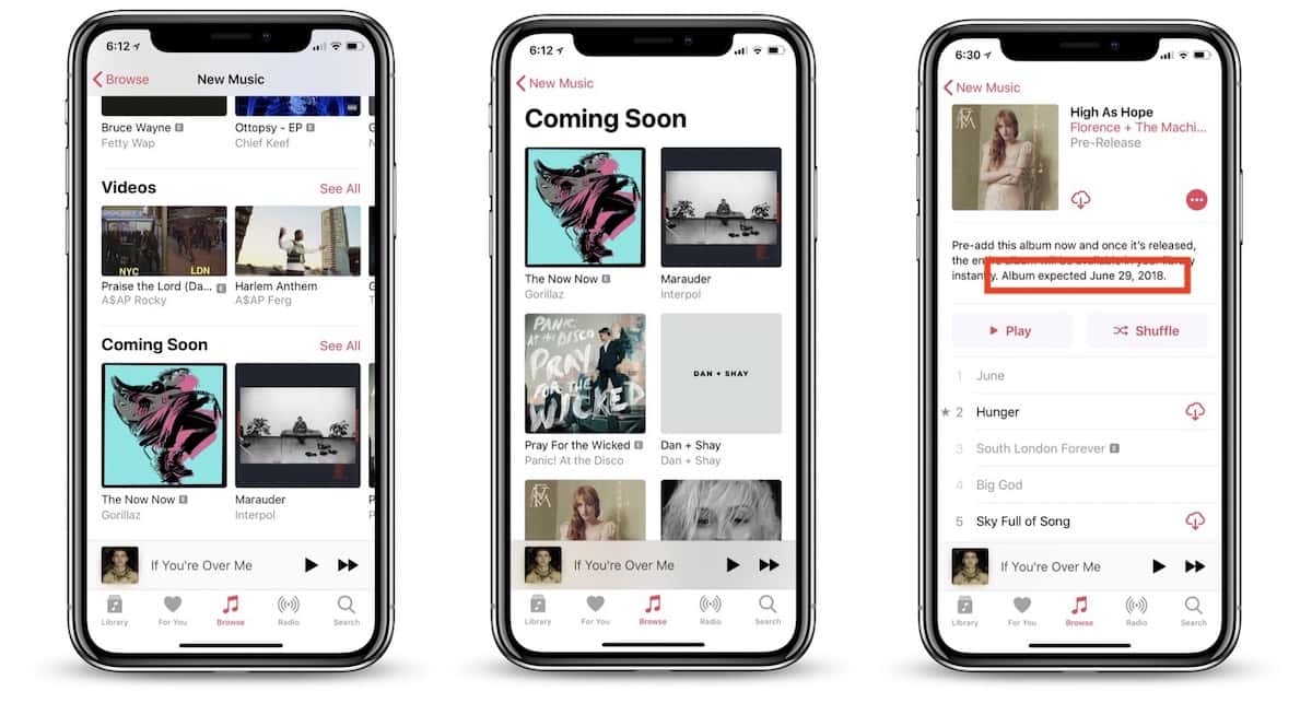 Screenshots of new changes to Apple Music, which will include album launch dates.