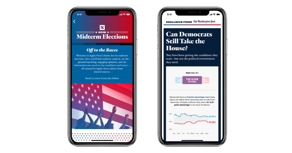Apple News 2018 Midterm Elections coverage section on iPhone