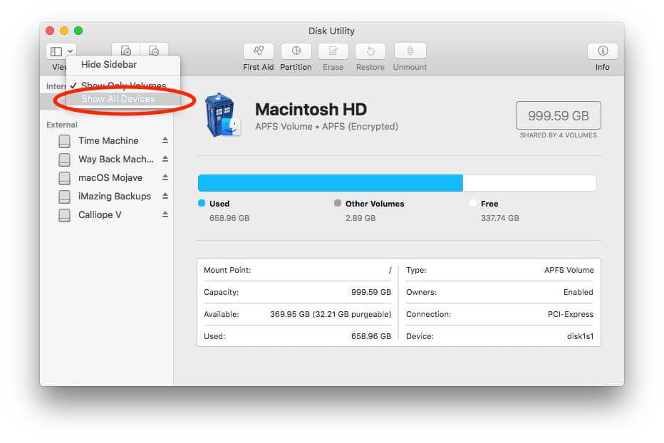 Mac Disk Utility View option showing volumes and devices options