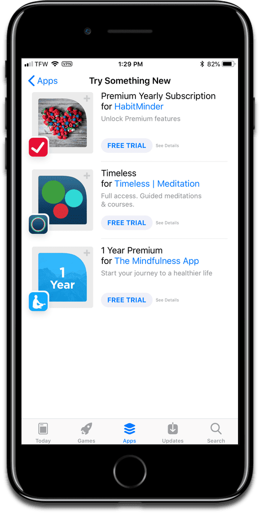 Screenshot of free app trials in the App Store.