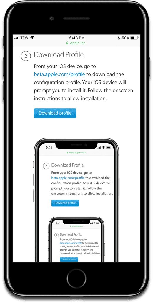 Screenshot of the iOS 12 public beta download page.