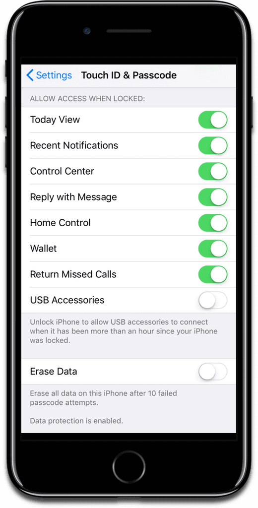 Image of iOS security feature USB Restricted Mode.