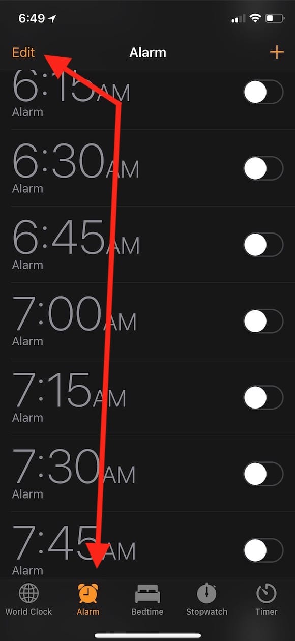 Alarm Tab within Clock App lets you see your alarms and edit their snooze option 