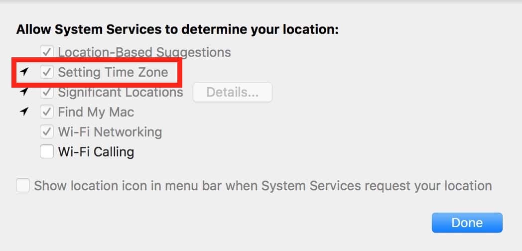 Allow Mac to Set Time Zone option in Mac System Services settings