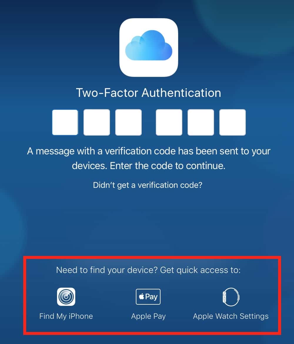"Find My iPhone" Option in iCloud two-factor authentication screen