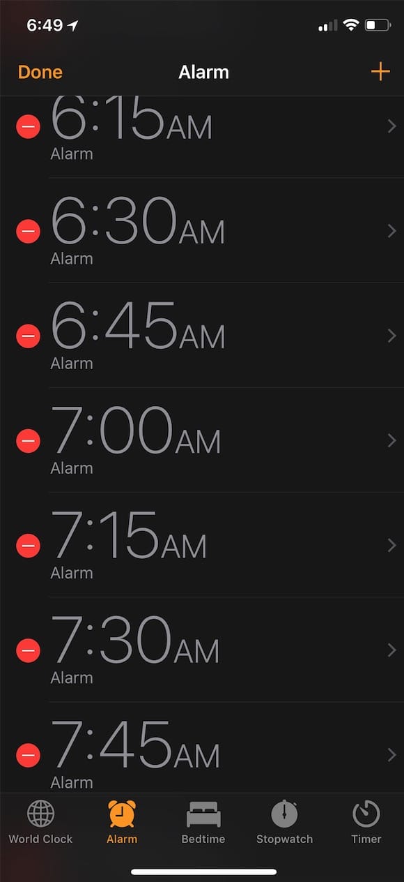 Edit Mode for Alarms lets you delete them or change snooze settings