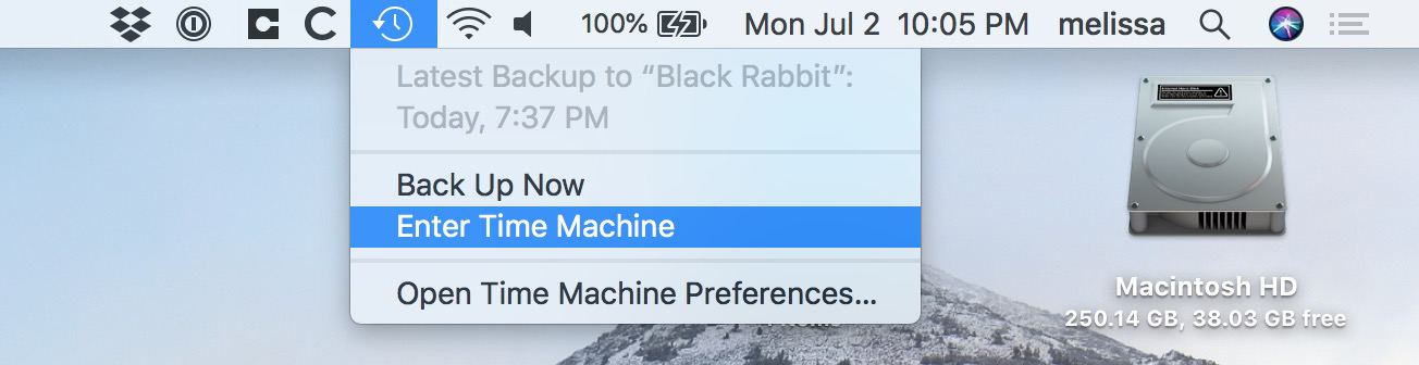 Time Machine Icon in Mac Menu Bar lets you restore from the currently selected folder