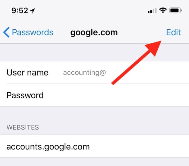 "Edit" Button for a website's login in Accounts & Passwords settings on iPhone
