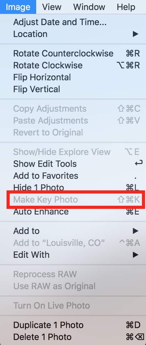 "Image" Menu on Mac showing Make Key Photo keyboard shortcut in Photos