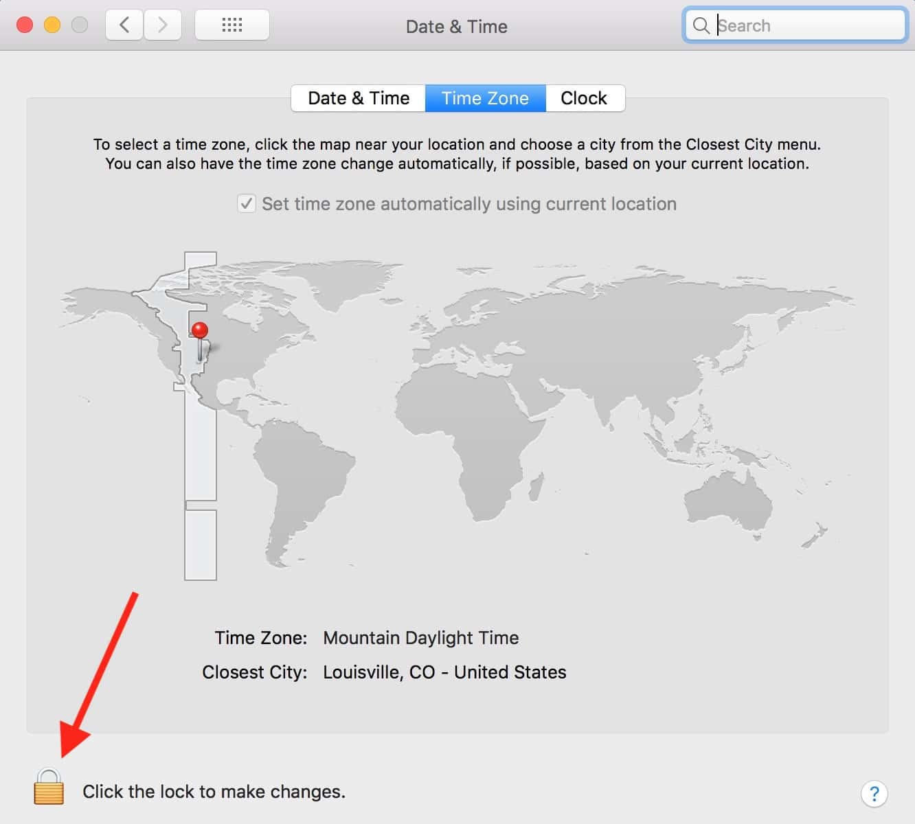 Click Lock to Authorize in Mac Date & Time preferences to change automatic time zone setting