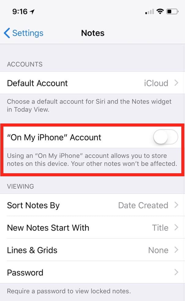 "On My iPhone" Toggle in iCloud Accounts Settings controls if Notes are saved locally