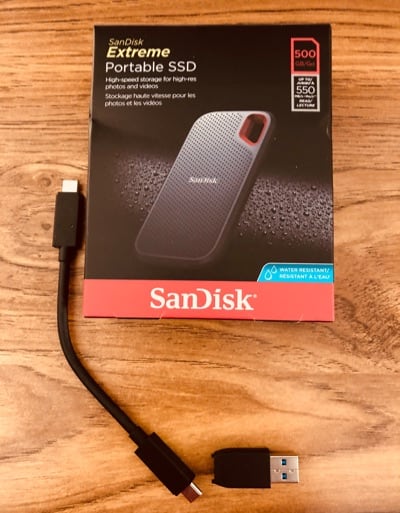 SanDisk Extreme Portable SSD box and cable system.