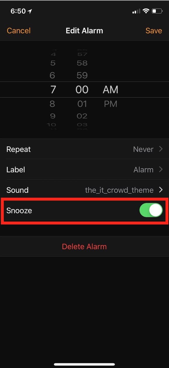 Snooze Button setting within Alarm app on iPhone