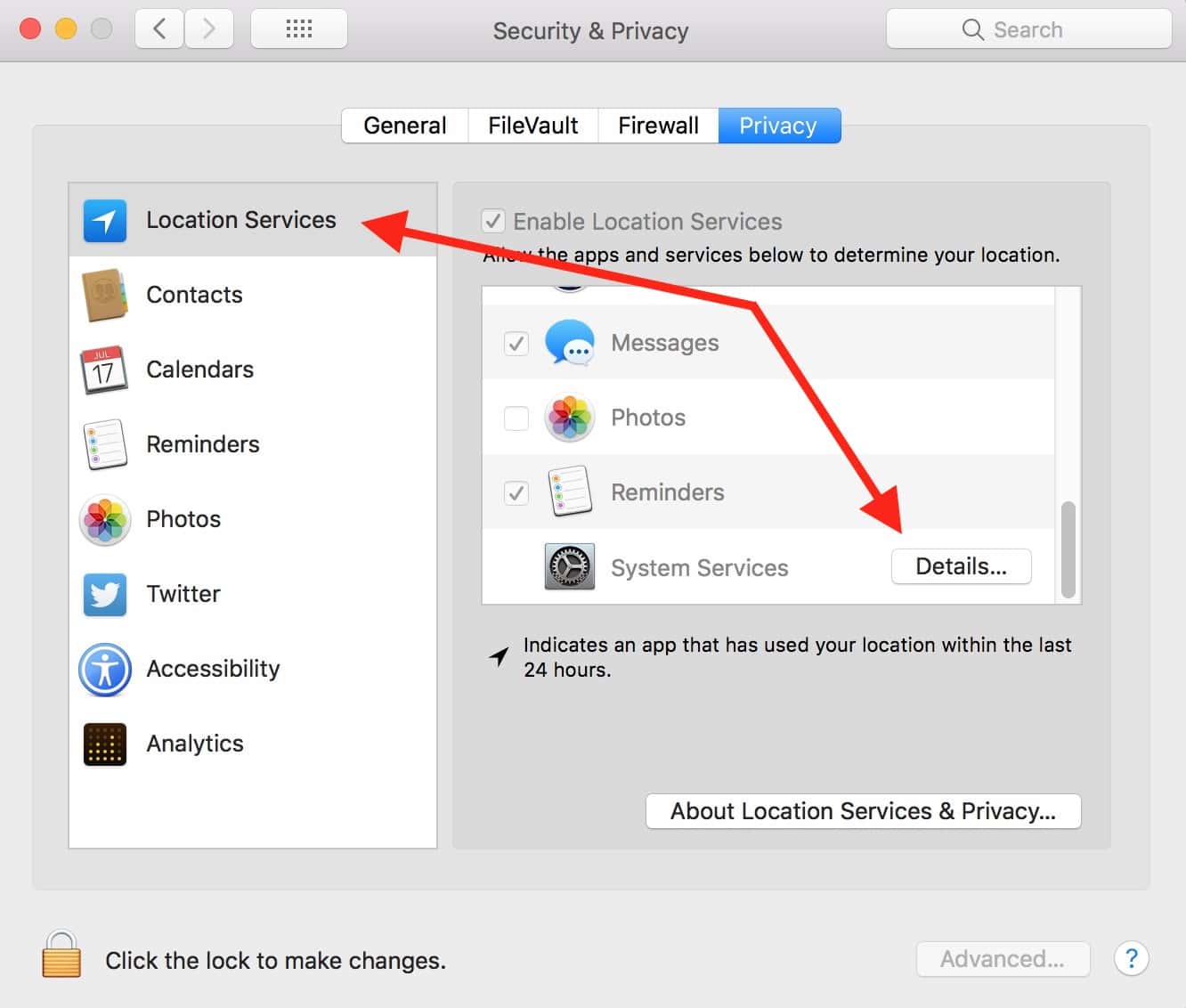 Location Services Options in Mac Security & Privacy settings