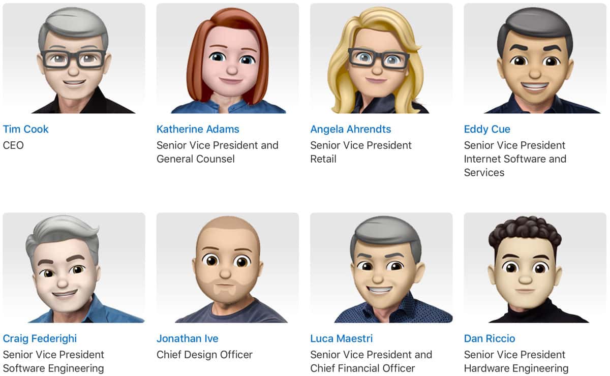 Tim Cook, Angela Arhendts, Eddy Cue, Phil Schiller, and Hair Force One as Memoji