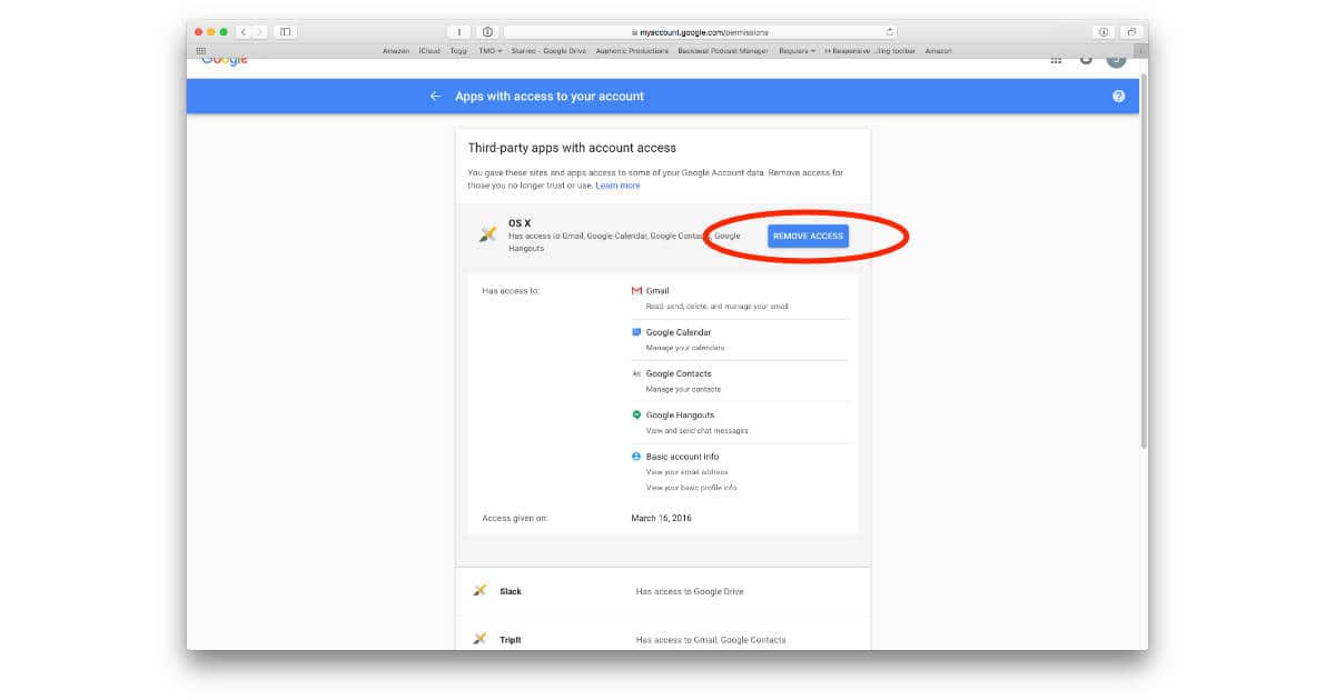 Google settings for revoking account access for apps