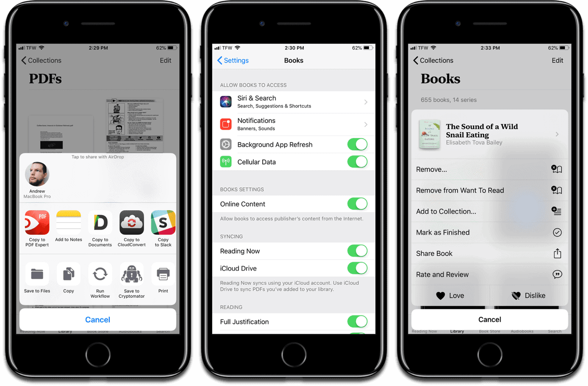 Screenshots of iOS 12 Books PDF sharing, settings, and loving/disliking.