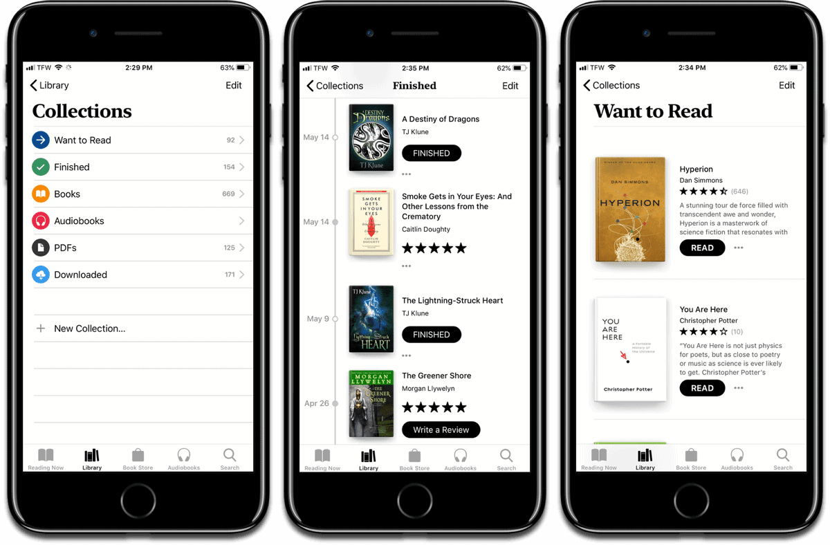Screenshots of iOS 12 books, with collections, finished list, and want to read list.