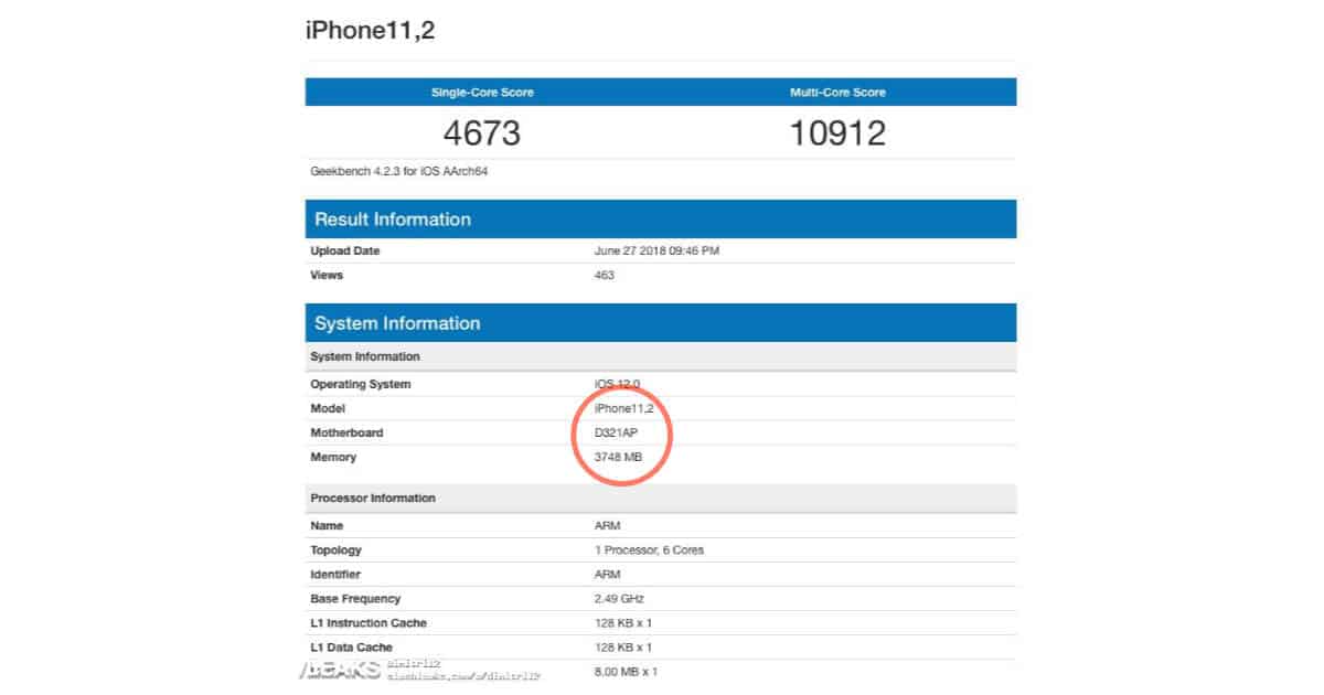 Geekbench results for an iPhone with 4 GB RAM running iOS 12