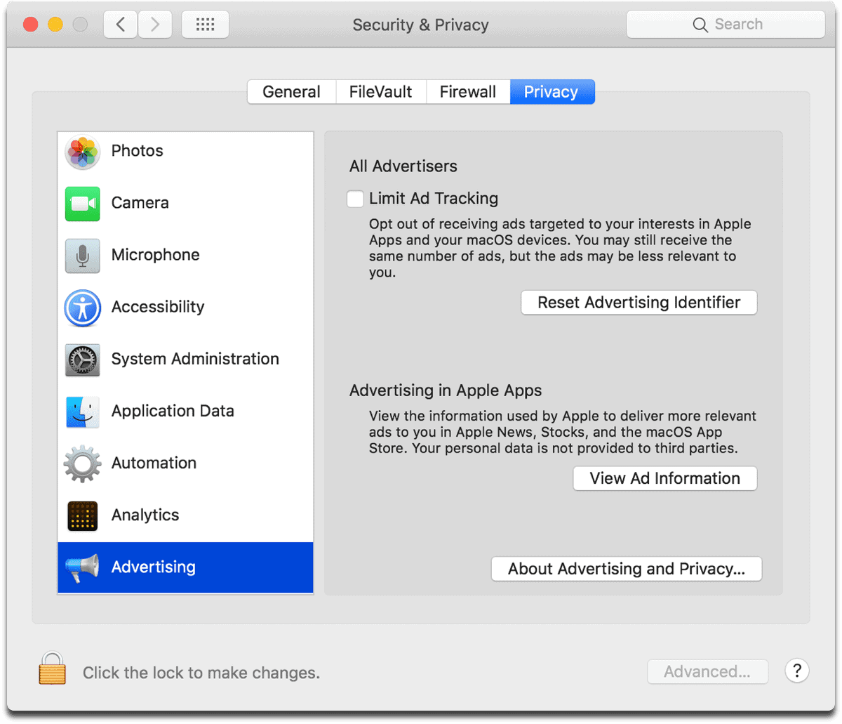 Screenshot of the Mac advertising identifier in system preferences.