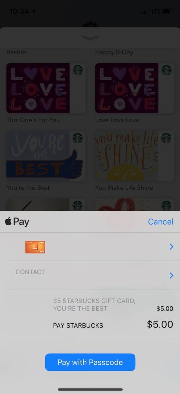 Paying for Starbucks gift card with Apple Pay in Messages on iPhone