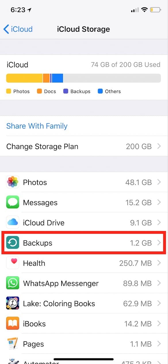 "Backups" Data in iCloud storage settings within iOS