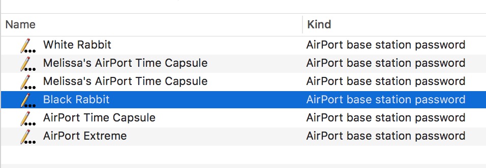 Base Station Password list in Keychain Access app on the Mac