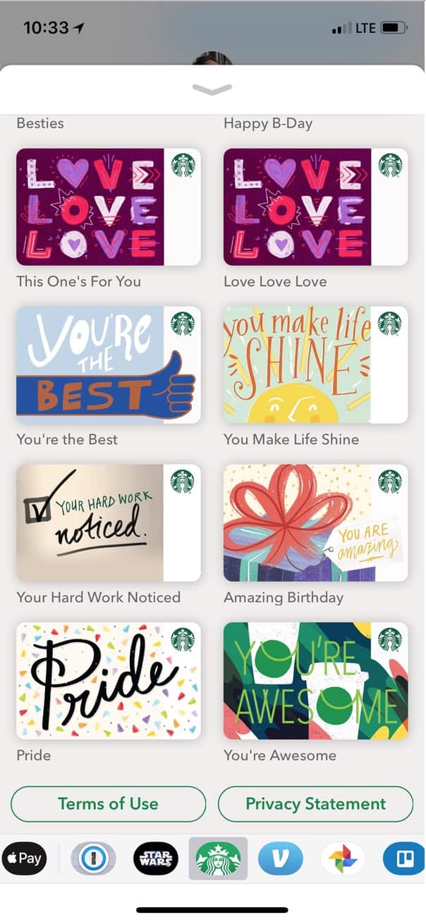 More Gift Card Options for Starbucks on iPhone
