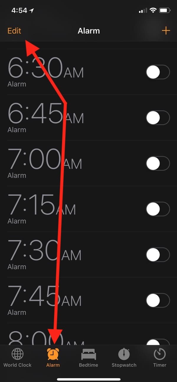 Edit Button in Clock App on iPhone
