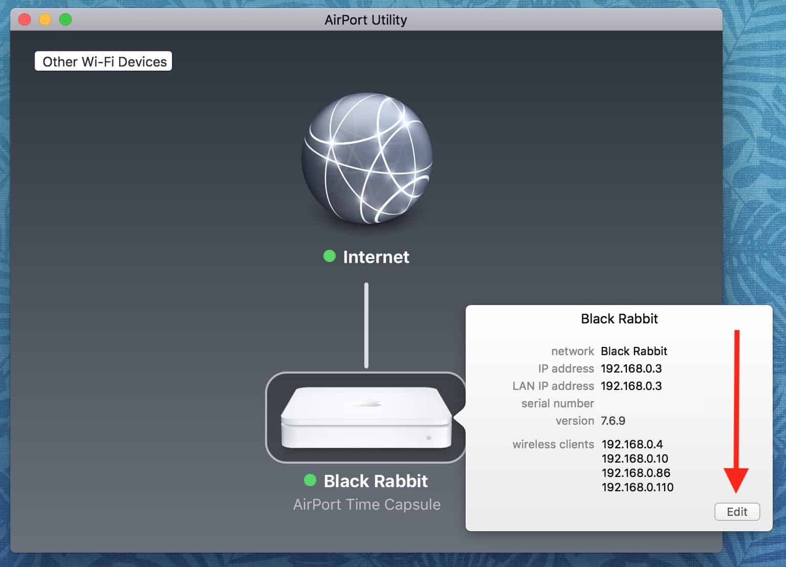 Edit Button on Info Window in AirPort Utility on the Mac lets you see Base Station details