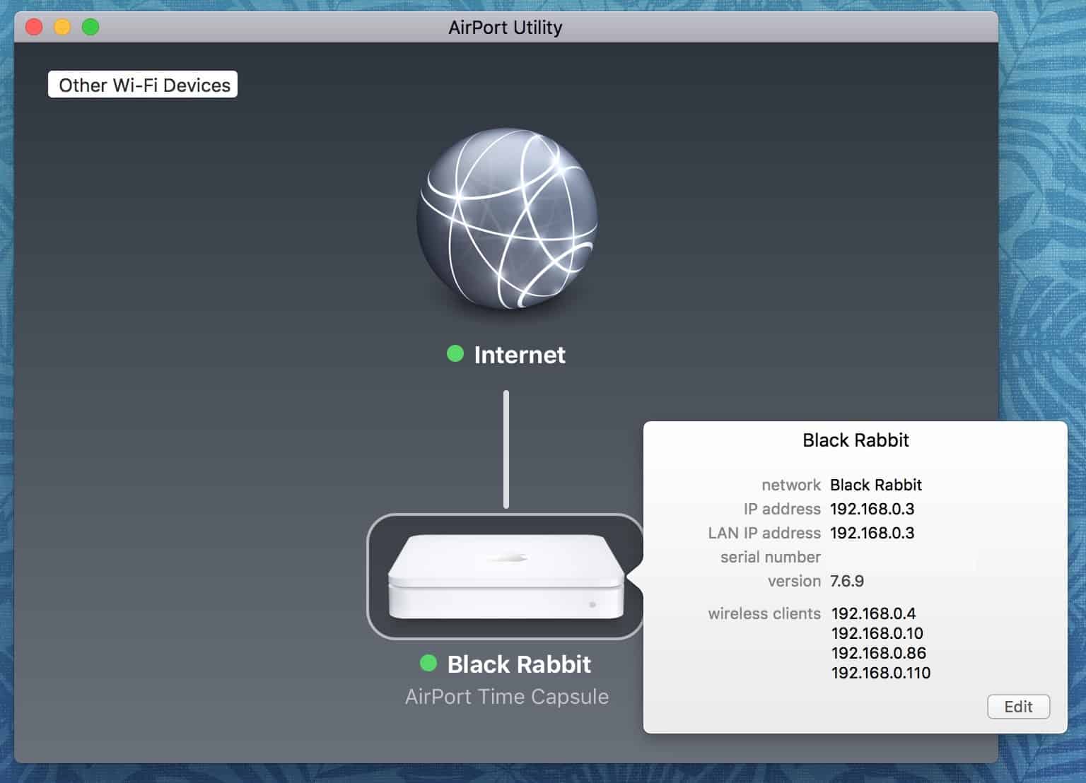 Apple AirPort Base Station Info in AirPort Utility app on the Mac