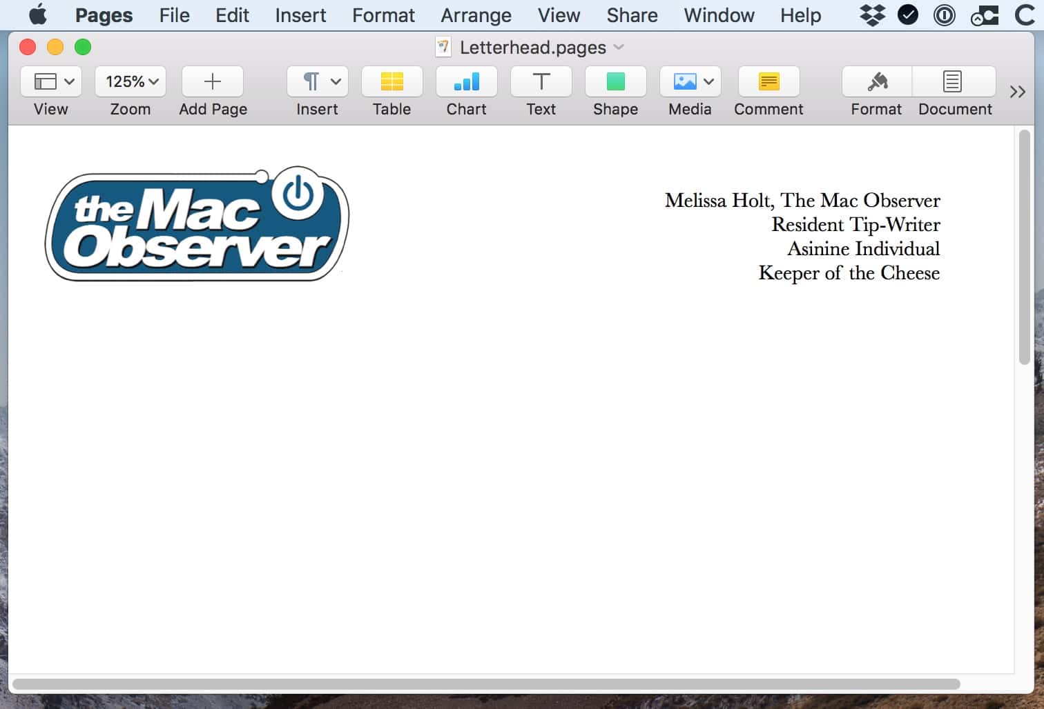 Letterhead document in Pages on the Mac