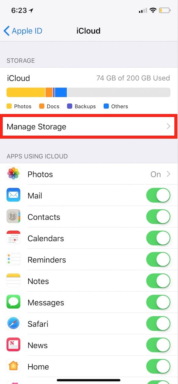 "Manage Storage" in iCloud settings on iOS