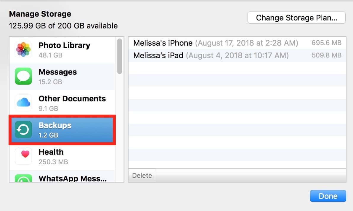 "Backups" Info in iCloud settings on the Mac