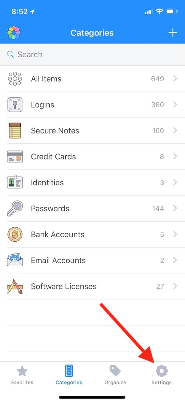 Settings Tab in 1Password on iPhone